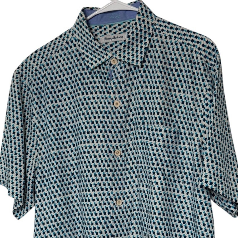 Tommy Bahama Mens M Silk Short Sleeve Button Down Shirt Blue Geometric ST325868